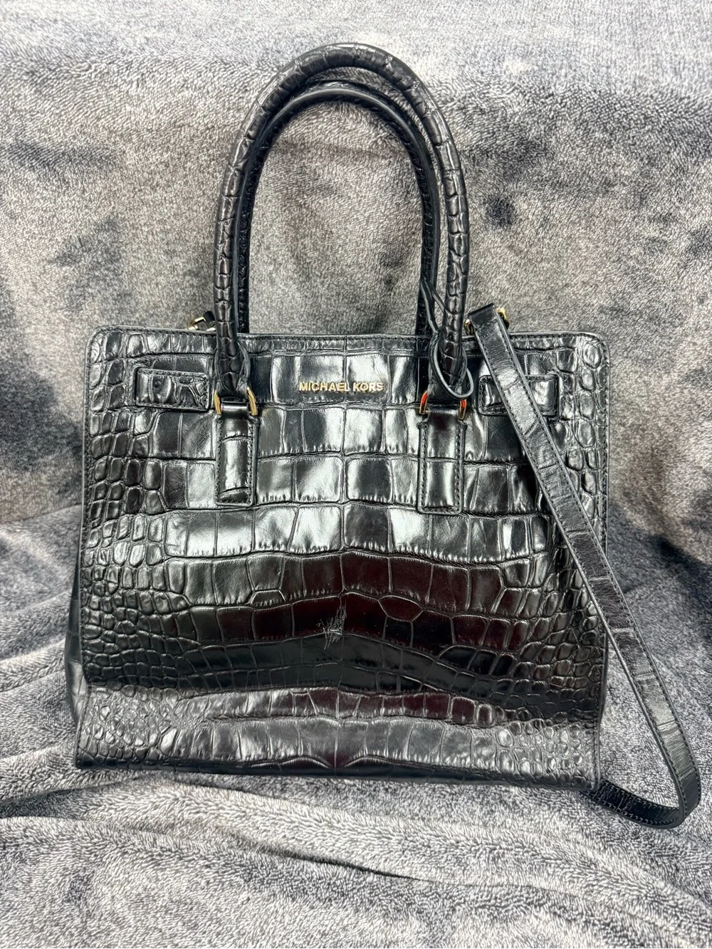 Michael Kors Black Croc-Embossed Leather Satchel with Strap